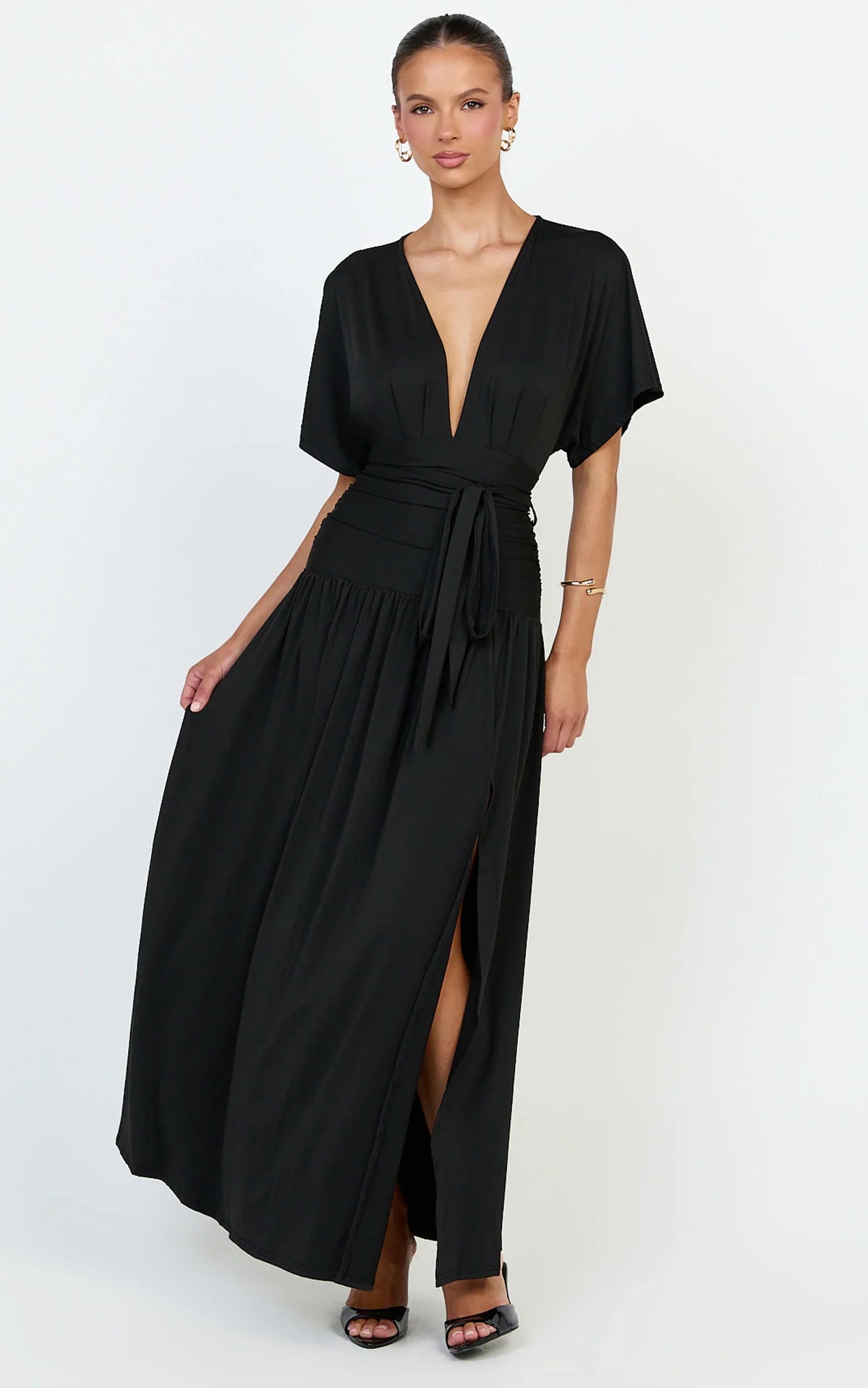 Liana Maxi Dress - Wide Sleeve Tie Waist Maxi Dress in Black