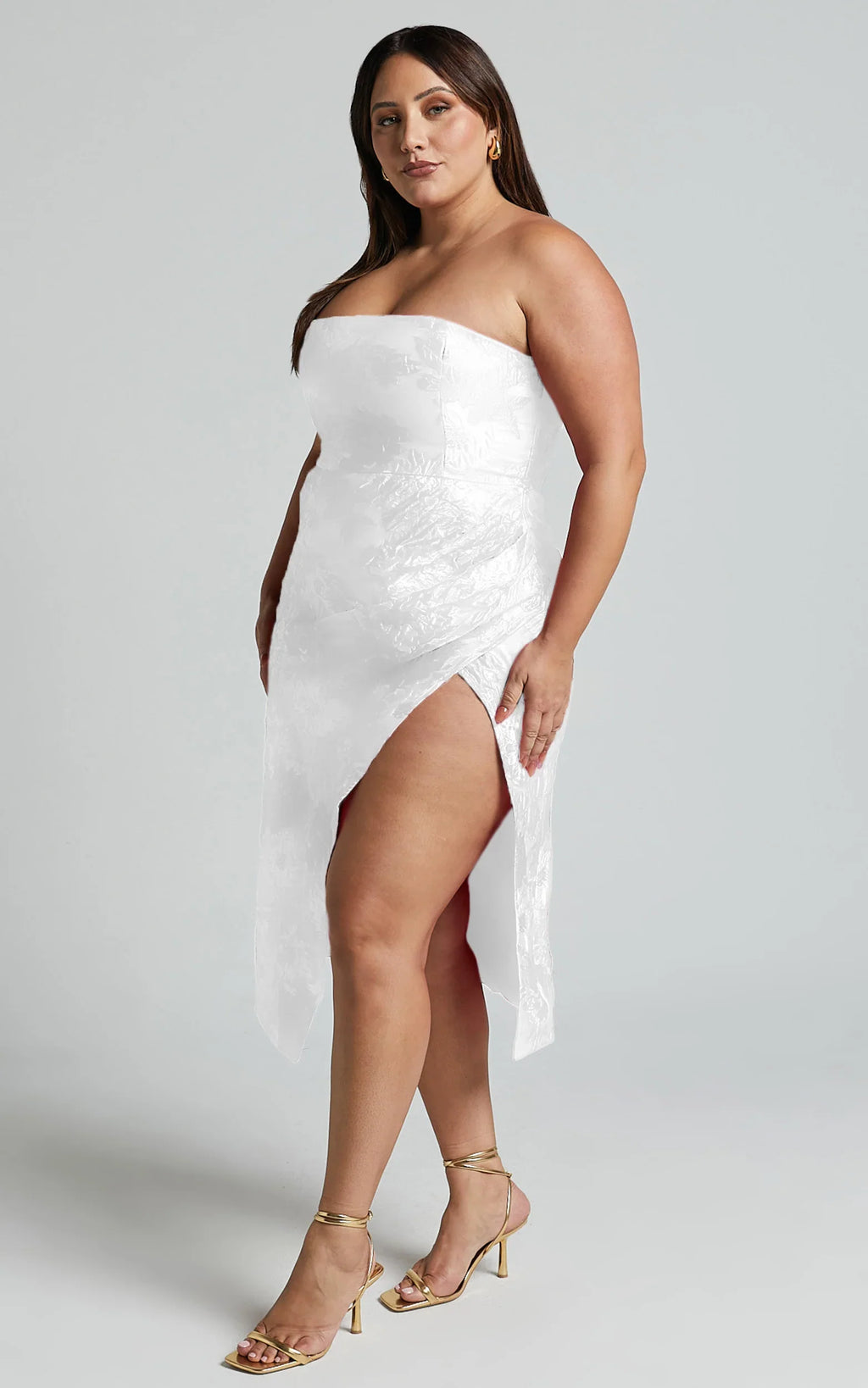 Brailey Midi Dress - Thigh Split Strapless Dress in White Jacquard