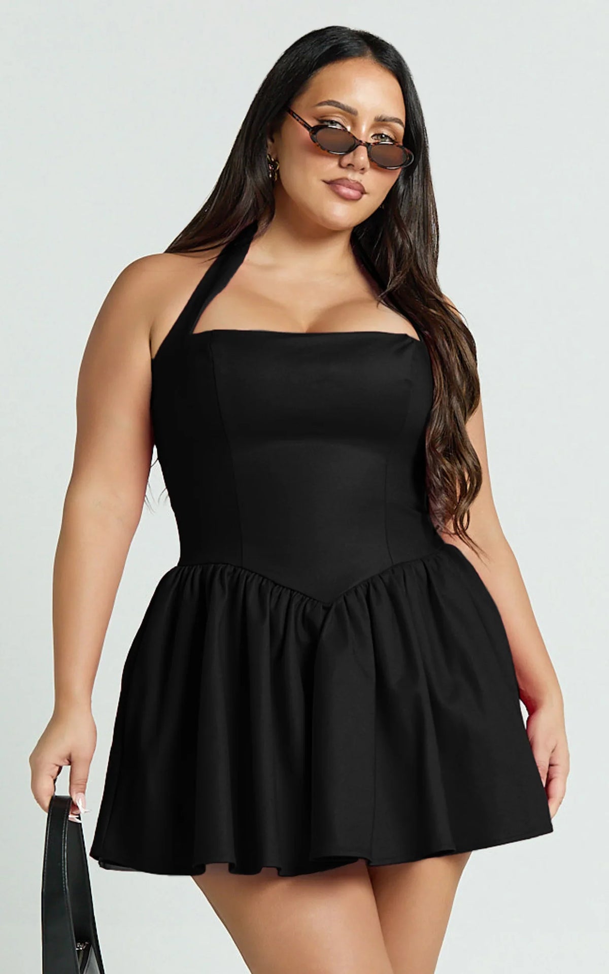 Helda Mini Dress - Halter Tie Neck Corset Panel Dress in Black