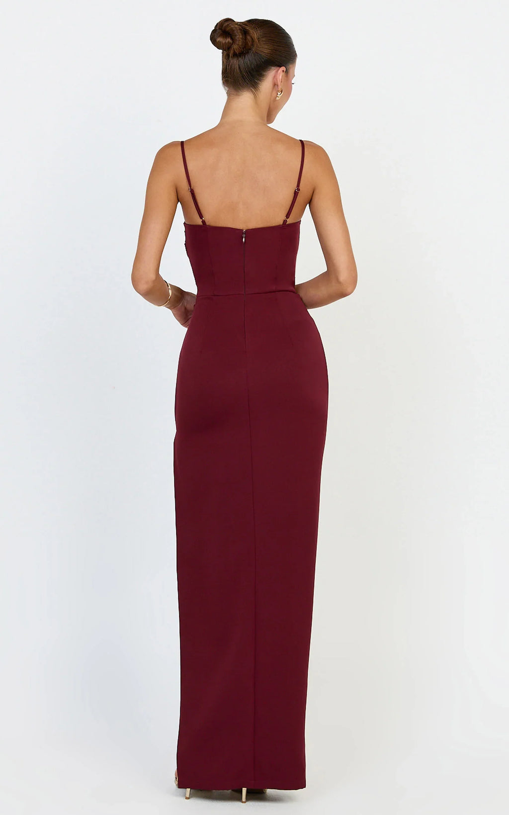 Zinnia Maxi Dress - Gathered Bust Side Split Dress in Wine