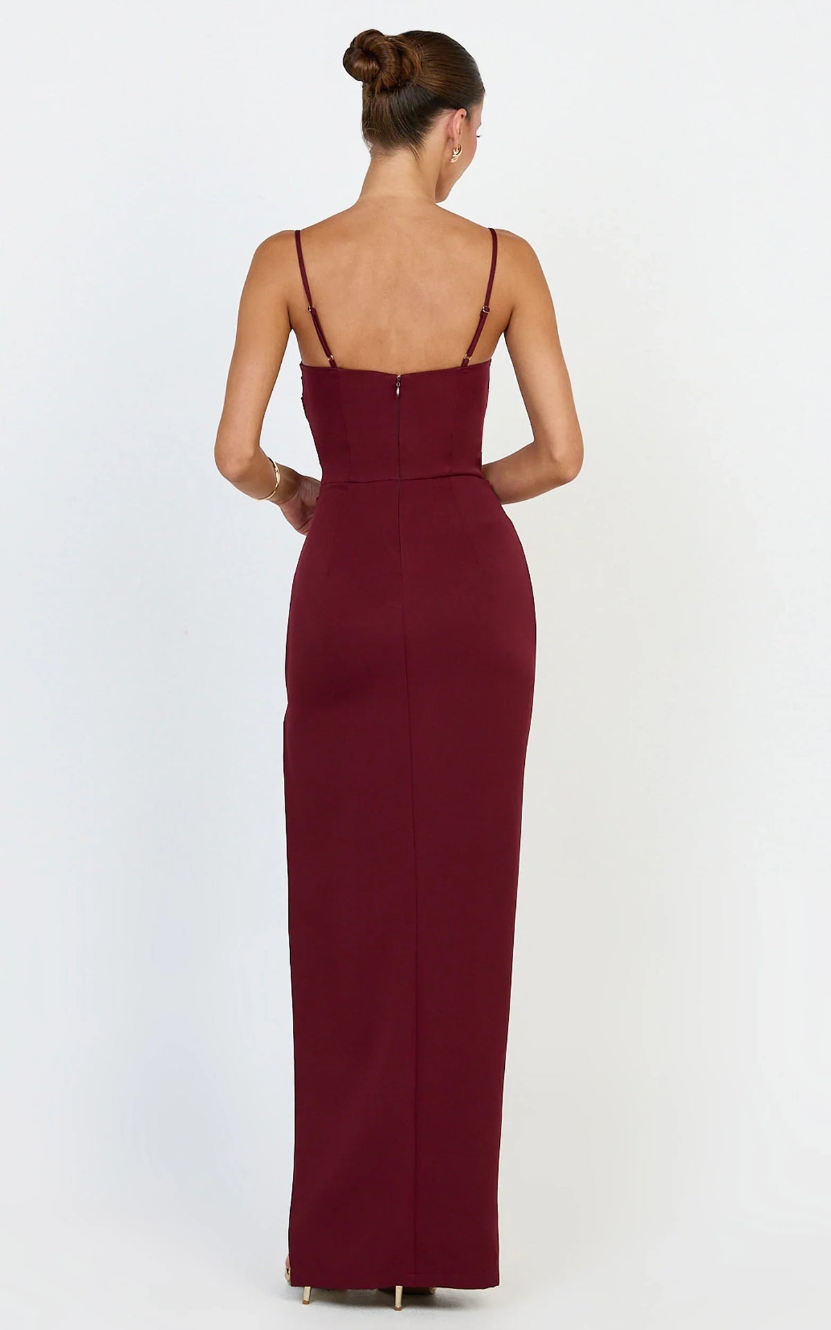 Zinnia Maxi Dress - Gathered Bust Side Split Dress in Wine