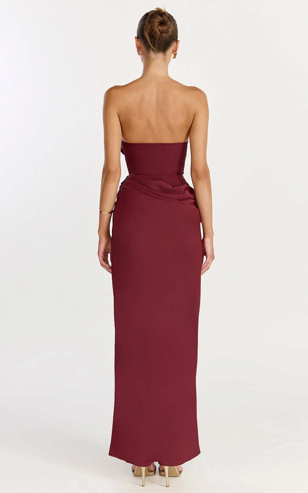 Phoebe Maxi Dress - Strapless Structured Bodice Drape Skirt Dress in Wine