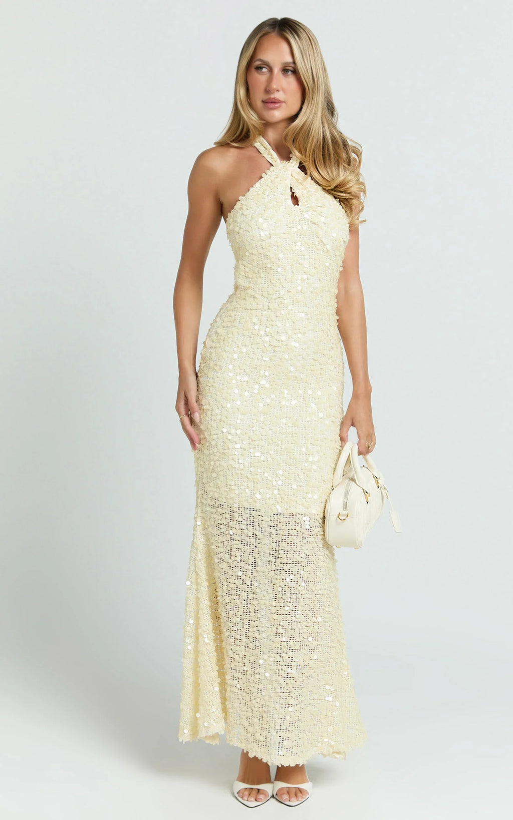 Celeste Midi Dress - Sequin Halter Low Back Dress in Lemon