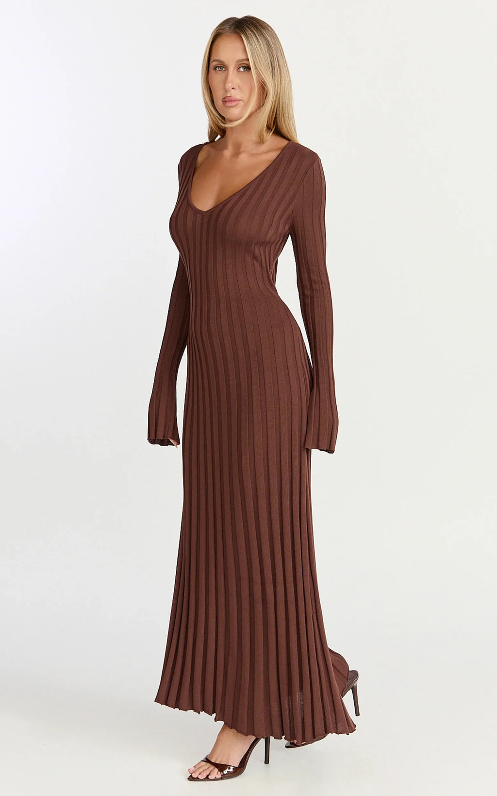 Astra Maxi Dress - V Neck Long Sleeve Knit Dress in Chocolate