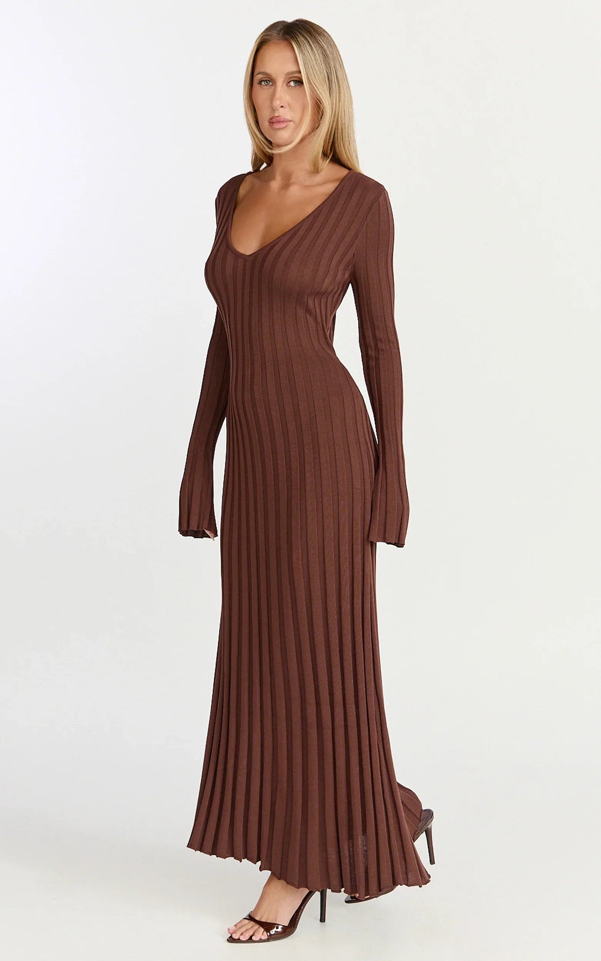 Astra Maxi Dress - V Neck Long Sleeve Knit Dress in Chocolate