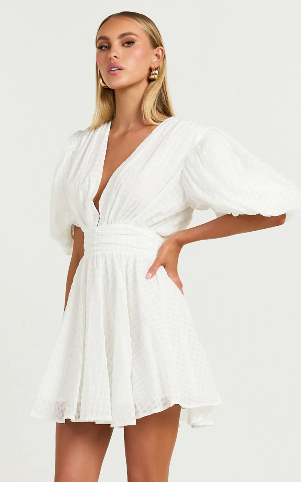 Xandy Mini Dress - Textured Puff Sleeve Plunge Dress in White