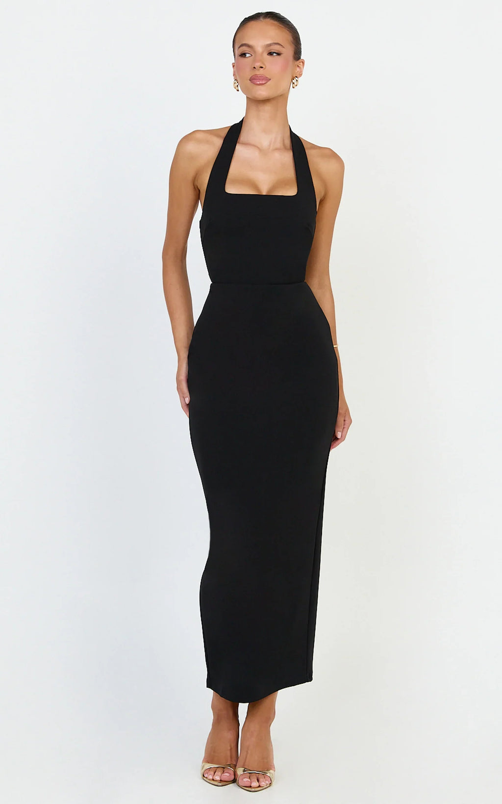Holly Midi Dress - Halter Neck Column Dress in Black