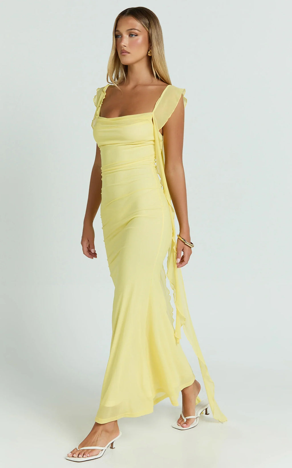 Rosha Midi Dress - Ruffle Strap Dress in Butter