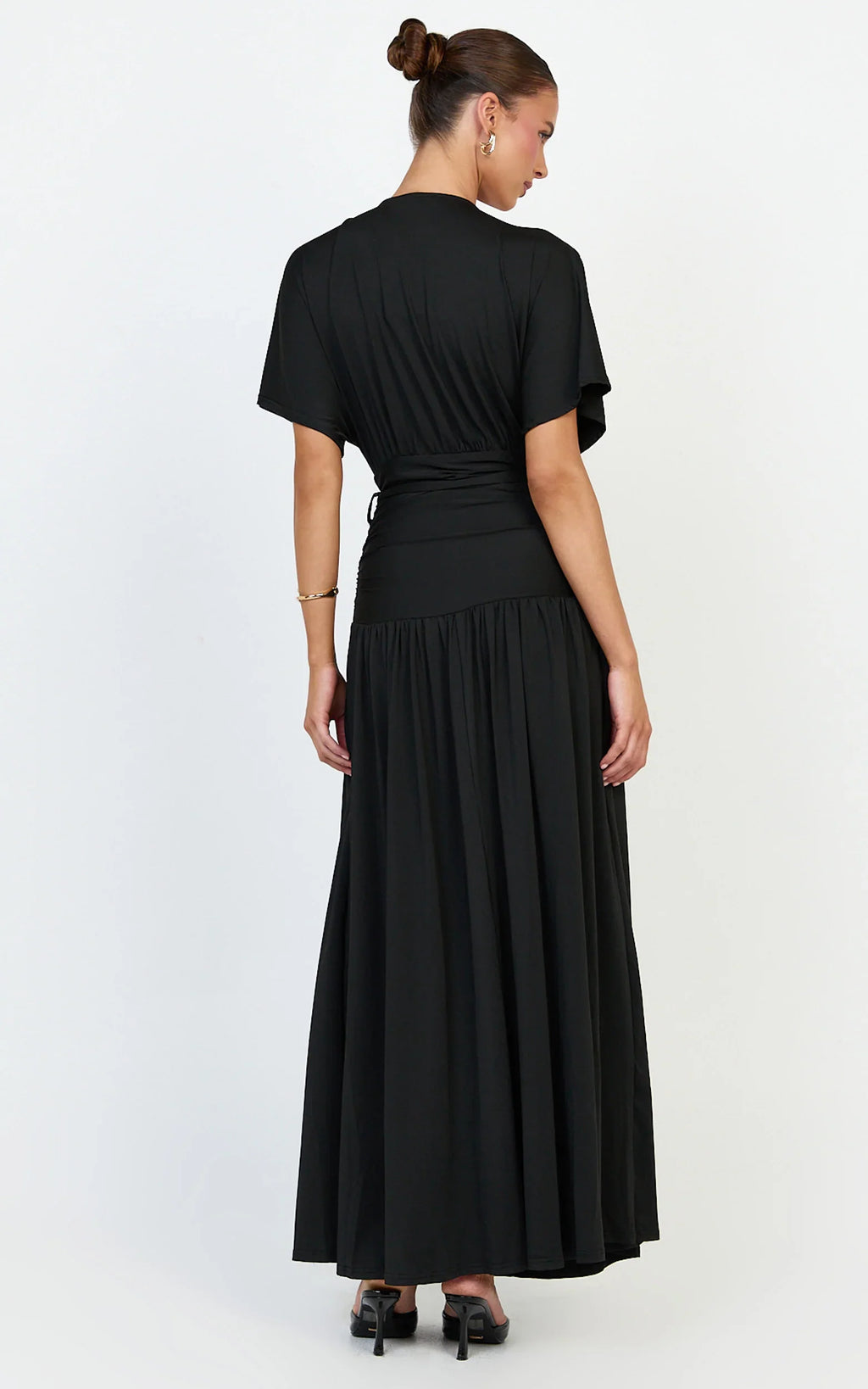 Liana Maxi Dress - Wide Sleeve Tie Waist Maxi Dress in Black