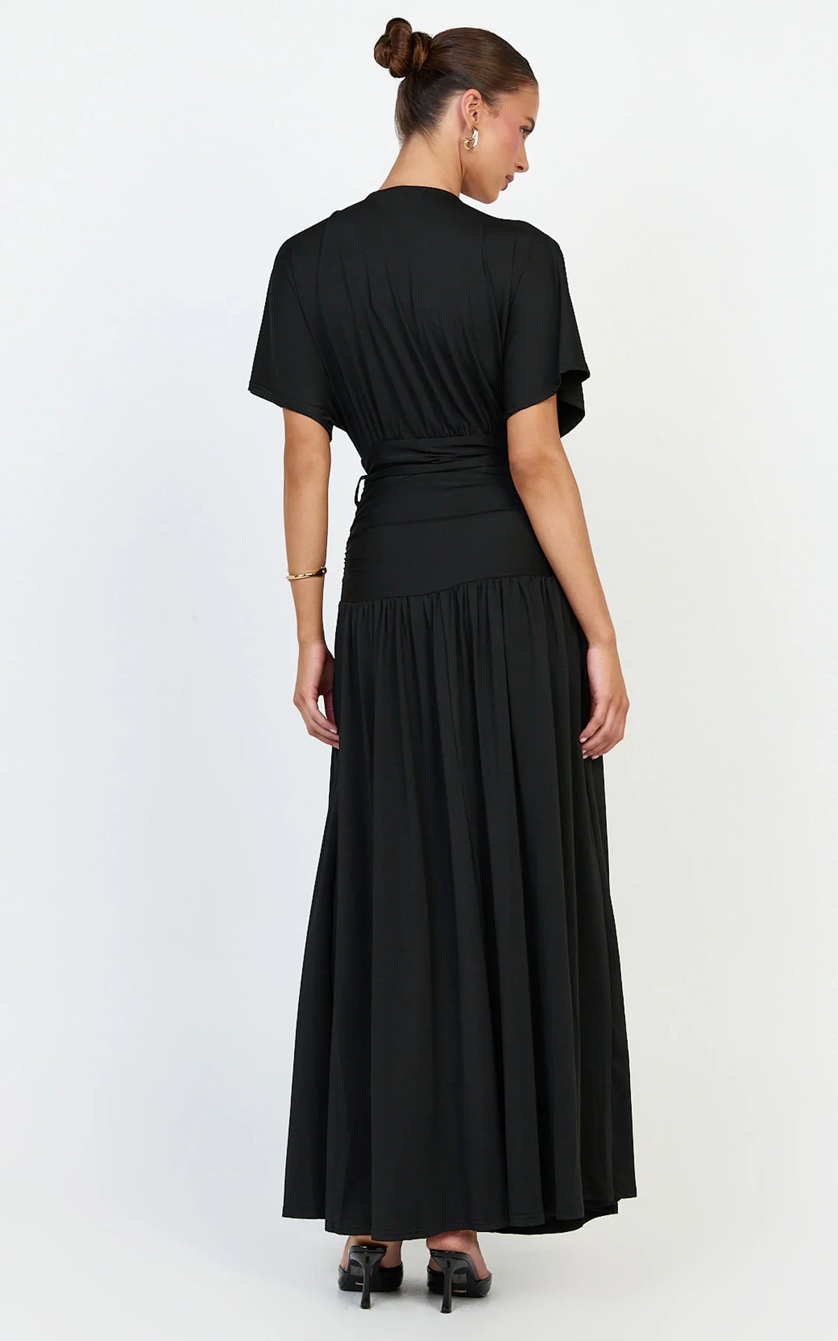 Liana Maxi Dress - Wide Sleeve Tie Waist Maxi Dress in Black