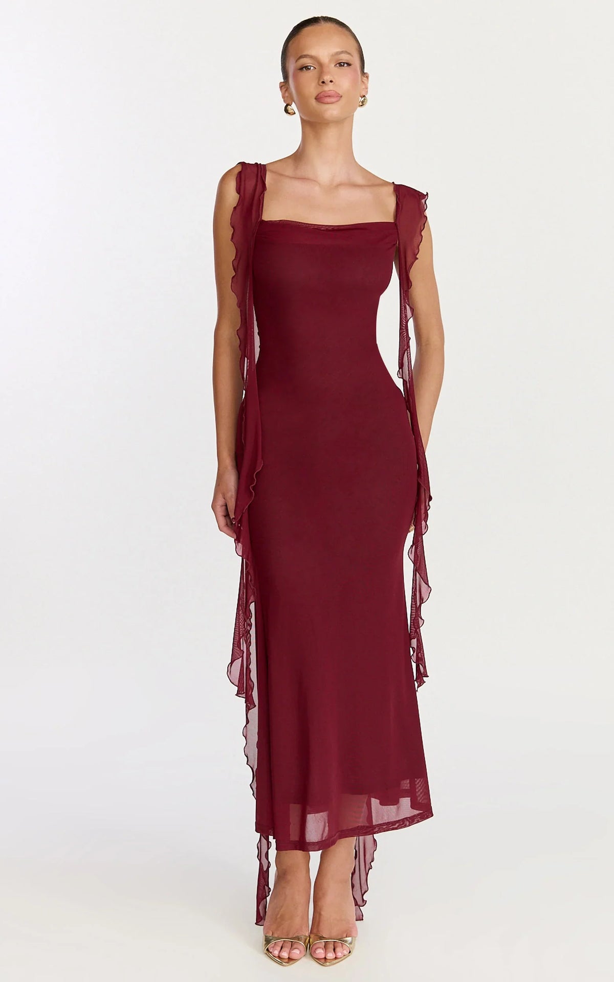 Rosha Midi Dress - Ruffle Strap Dress in Wine
